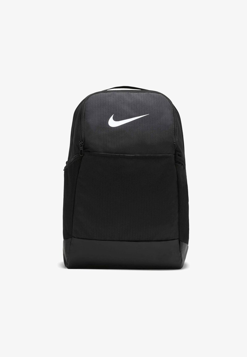 Black Nike backpack with a textured top panel, smooth black bottom, and white logo print. Features side mesh pockets and a zip closure.