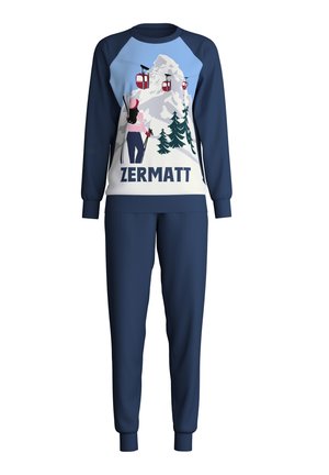 Navy-blaues zweiteiliges Sweat-Outfit bestehend aus einem gemusterten Crewneck-Oberteil mit einer Bergszene und dem Text "ZERMATT", kombiniert mit passenden Hosen.