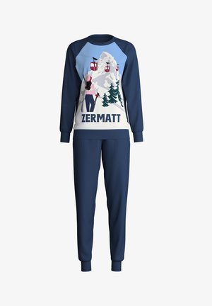 Navy-blaues zweiteiliges Sweat-Outfit bestehend aus einem gemusterten Crewneck-Oberteil mit einer Bergszene und dem Text "ZERMATT", kombiniert mit passenden Hosen.