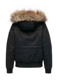 Jachetă puffer neagră cu o glugă detașabilă, având un buzunar din blană sintetică, manșete ribate și un design matlasat pentru o izolație suplimentară.