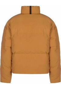 Een donsjacket in mosterdgeel, met een hoge kraag, horizontaal gestikte ontwerp en een verborgen ritssluiting. Eenvoudige en gewatteerde textuur.