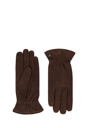 Paar braune Wildlederhandschuhe mit elastischem Handgelenksdetail und kleinem Knopfakzent auf der Rückseite, flach liegend mit sichtbaren Handflächen und Rückseiten dargestellt.