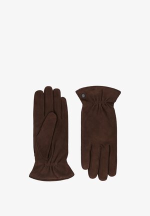 Coppia di guanti in pelle scamosciata marrone con dettaglio elastico al polso e piccolo bottone sul retro, mostrati stesi con palmi e retro visibili.