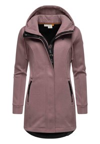 Fleece-lined zip jacket in soft mauve with black accents, featuring a hood, side pockets, ribbed texture, and a knee-length design.