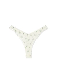 Tanga con stampa floreale in crema chiaro, realizzato in tessuto morbido. Presenta piccole fantasie di fiori multicolori e un delicato bordo in pizzo sui lati.
