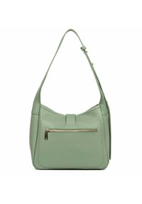 Borsa a spalla verde in pelle con una finitura morbida e testurizzata, dotata di una tasca frontale con zip e di una larga tracolla regolabile.