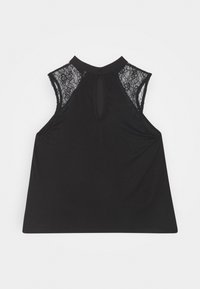 Black sleeveless top featuring lace accents on the shoulders, round neckline, and keyhole detail at the back in a flowing design.