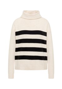 Cremfarbener Rollkragenpullover mit schwarzen horizontalen Streifen, aus weichem Material gefertigt, mit gerippten Bündchen und Saum. Lässiger Schnitt.