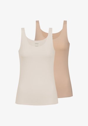 Deux hauts sans manches dans des couleurs beige clair et nude, fabriqués en tissu doux, avec un décolleté arrondi et une texture lisse. Logo de la marque visible.