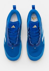 Scarpe atletiche blu con tomaia in rete e camoscio, caratterizzate da strisce bianche, dettagli dorati e una suola textured. Inclusi lacci e linguetta per il tallone.