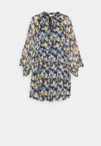 Vestido floral com fundo azul-marinho, mangas longas transparentes, gola redonda e detalhe com laço; apresenta flores amarelas e brancas em vários tamanhos.