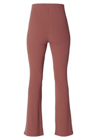 Hoge taille, geribbelde, uitlopende broeken in een mauve kleur. Beschikt over een rekbare stof met een zachte textuur en geen zichtbare hardware of patronen.