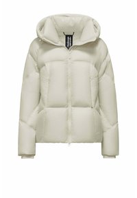 Dikke crèmekleurige jacket met een capuchon, voorrits en gestikte panelen. Heeft een cropped ontwerp en elastische manchetten.