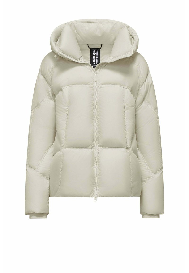 Dikke crèmekleurige jacket met een capuchon, voorrits en gestikte panelen. Heeft een cropped ontwerp en elastische manchetten.