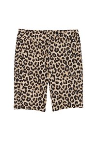 Shorts med leopardmönster som har en beige bakgrund med svarta fläckar, elastisk midja och en smidig, stretchig tyg.