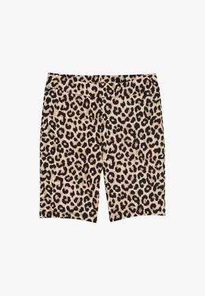 Leopardų rašto šortai su kreminės spalvos fono ir juodais taškais, elastiniu juosmeniu ir lygiu, tampriu audiniu.