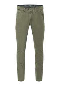 Olivgrüne Chinos im Slim Fit, aus weichem Baumwollstoff gefertigt. Mit Vordertaschen und einem Knopfverschluss sowie einem markenbezogenen Bund.