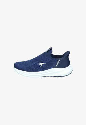 Navy blue slip-on sneaker with white sole, knitted fabric, kangaroo logo on side, and pull tab on tongue and heel.