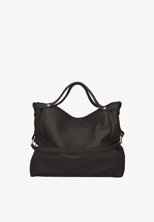 Borsa a mano in pelle nera con superficie morbida e testurizzata. Presenta doppi manici superiori, chiusura con zip e cuciture decorative.