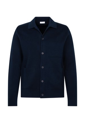 Marineblauwe vest met knoopsluiting, lange mouwen, drie voorzakken en een klassieke kraag.