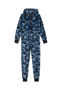 Zila kamuflāžas stila bodijs ar kapuci, pilnu rāvējslēdzēju, gumijotām aprocēm un mīkstu teksturētu audumu. Piemērots ikdienas valkāšanai vai atpūtai.