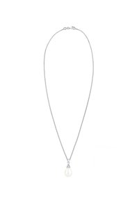 Silberne Kettenhalskette mit einem glatten, weißen Perlenanhänger. Verfügt über einen zarten Verschluss und texturierte Akzente in der Nähe des Anhängers.