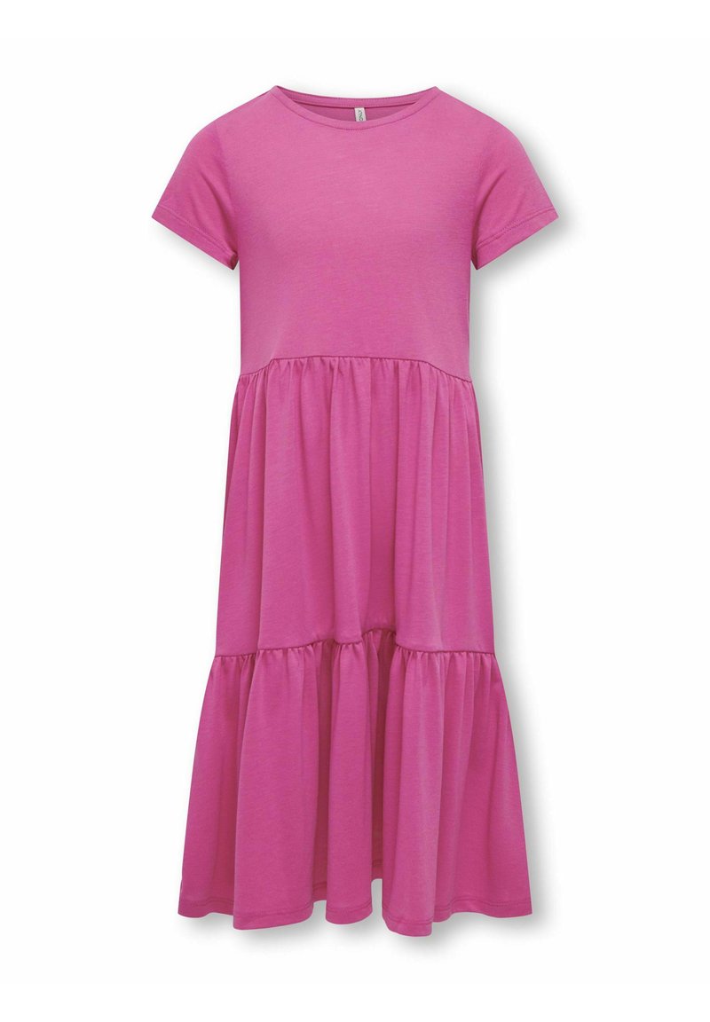 Vestito rosa a maniche corte con scollatura tonda, caratterizzato da un design a gonna a strati e una texture liscia. Realizzato in morbido tessuto.