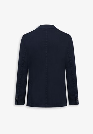 Marineblauer Herrenblazer, Rückansicht, mit langen Ärmeln und Knopfdetails an den Manschetten.