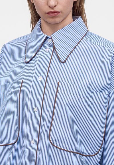 Gros plan d'une personne portant une chemise à rayures verticales bleu et blanc avec un grand col pointu et un liseré marron le long des bords et des poches.
