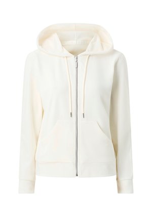 Kremowa bluza z kapturem na zamek błyskawiczny, z przednimi kieszeniami, kapturem ze sznurkiem i długimi rękawami, prezentowana na białym tle.