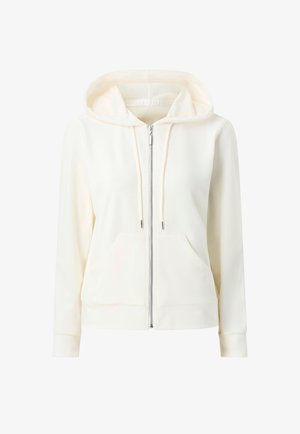 Kremowa bluza z kapturem na zamek błyskawiczny, z przednimi kieszeniami, kapturem ze sznurkiem i długimi rękawami, prezentowana na białym tle.