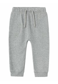 Pantaloni della tuta in misto cotone grigio con vita elasticizzata, cordino regolabile, due tasche laterali e polsini aderenti alle caviglie.