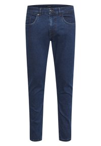 Mörkblå denimjeans med smal passform, fickor framtill och knapplås. Slät textur och subtila sömnadsdetaljer.