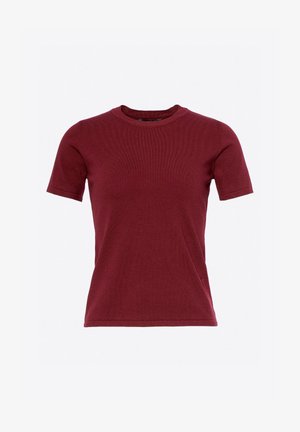 Top de manga corta burdeos hecho de tejido acanalado. Presenta un escote redondo y forma ajustada, adecuado para el uso diario o para llevar en capas.
