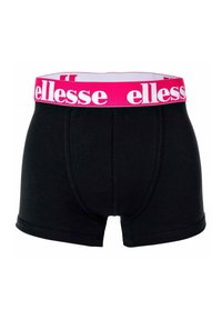 Musta bokserishortsit, joissa on kirkkaan vaaleanpunainen joustovyötärö ja "ellesse"-logo. Valmistettu pehmeästä kankaasta, joka istuu tiukasti, ja kontrastiväriset reunat.