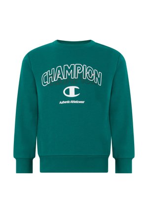 Sweat-shirt bleu sarcelle avec le logo "CHAMPION", un "C" stylisé blanc, et le texte "Authentic Athleticwear" sur le devant, manches longues, poignets et ourlet côtelés.