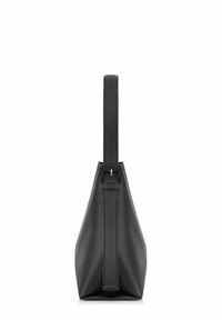 Czarna skórzana torba o zwężającym się kształcie, gładkiej fakturze i pojedynczym pasku mocowanym złotym detalem.