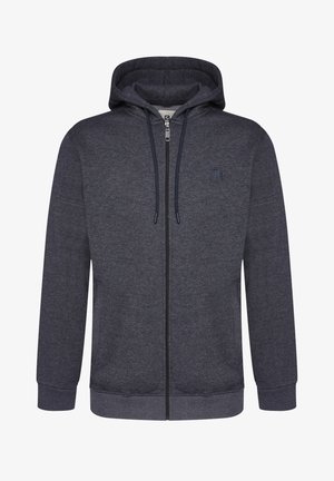Reißverschluss-Hoodie aus dunkelgrauem Stoff, mit einer verstellbaren Kapuze, gerippten Bündchen und Saum sowie einem kleinen Logopatch auf der Brust.