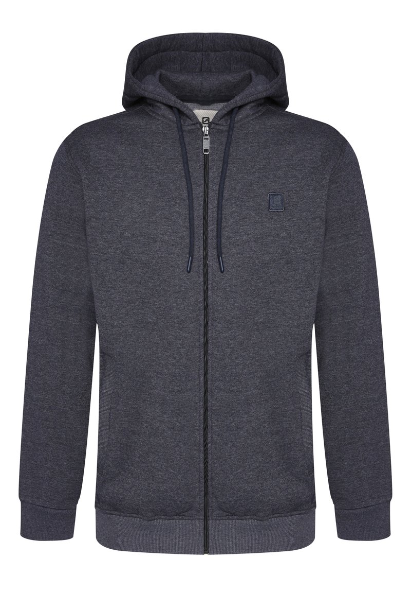 Felpa con zip in tessuto grigio scuro, dotata di cappuccio regolabile con cordino, polsini e orlo a coste, e un piccolo logo ricamato sul petto.