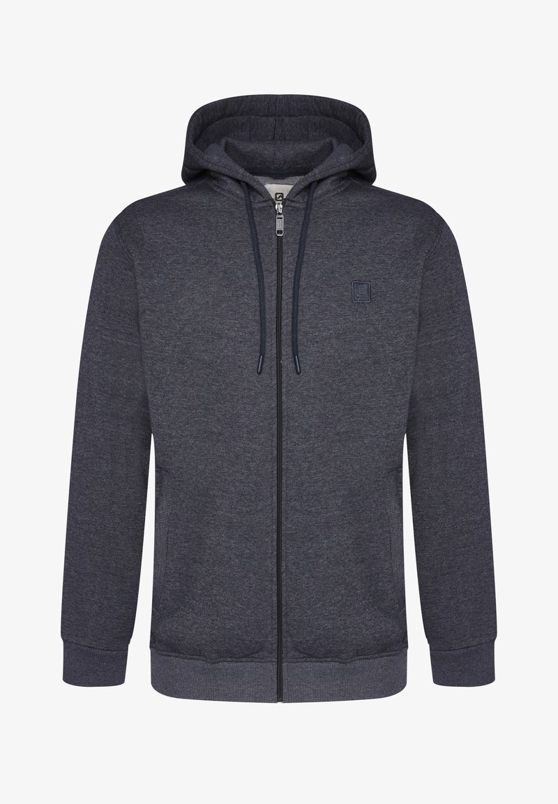 Sudadera con cremallera en tejido gris oscuro, con capucha ajustable, puños y dobladillo acanalados, y un pequeño parche de logo en el pecho.