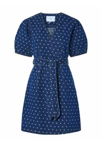 Tummansininen farkkuasu valkoisilla pilkuilla, lyhyet puffihihat, kietaisumalli ja yhteensopiva vyö vyötäröllä.