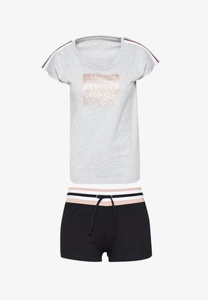 Grey short-sleeve shirt with "wings" text and rose gold accents, paired with black shorts featuring a striped waistband.