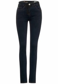 Jean skinny bleu foncé en denim, avec une coupe classique cinq poches, une fermeture à bouton sur le devant et des détails de coutures discrètes.