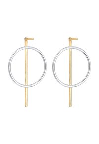 Orecchini in argento e tono oro con un grande design ad anello circolare e un supporto dritto. Finitura metallica liscia, stile minimalista.