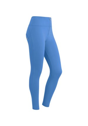 Leggings blu, a vita alta, realizzati in tessuto elastico. Presentano una tasca con zip sul lato e un design liscio e affusolato.