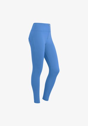 Leggings blu, a vita alta, realizzati in tessuto elastico. Presentano una tasca con zip sul lato e un design liscio e affusolato.