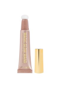 La bacchetta magica illuminante in un tubo beige presenta una morbida punta applicatrice bianca e un cappuccio dorato. Il testo dell'etichetta appare in grassetto, color oro metallizzato.