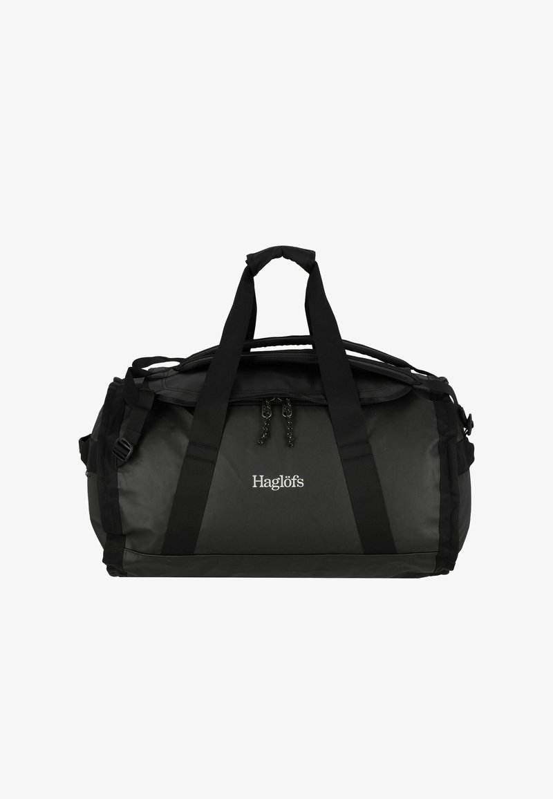 Borsa duffel nera realizzata in tessuto resistente, dotata di due manici superiori, tracolla regolabile e chiusura con zip. Logo mostrato sul lato.