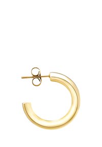 Gouden oorbel in de vorm van een ring met een glad, rond ontwerp en een glanzende afwerking, met een postback voor bevestiging en een cirkelvorm.