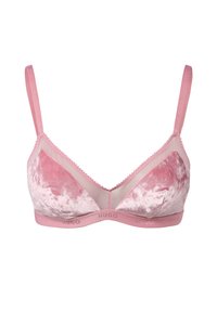 Pink velvet bralette with sheer mesh accents, adjustable straps, and a logo band. Features scalloped edges for added detail.
